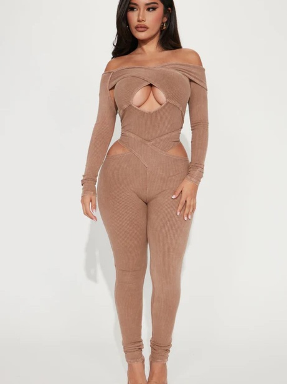 Fashion Nova Taupe Cutout Ribbed Off-Shoulder Jumpsuit